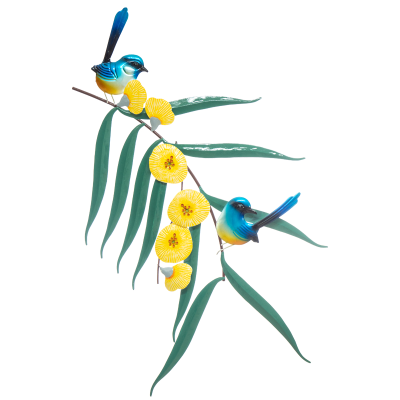 Blue Wrens w/Golden Wattle Metal Wall Art