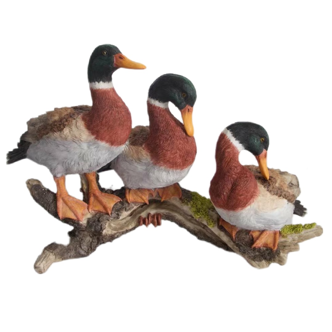 Three Ducks Standing on Log