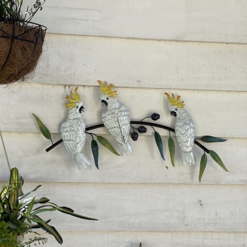 Cockatoo Trio on Gum Tree Metal Wall Art